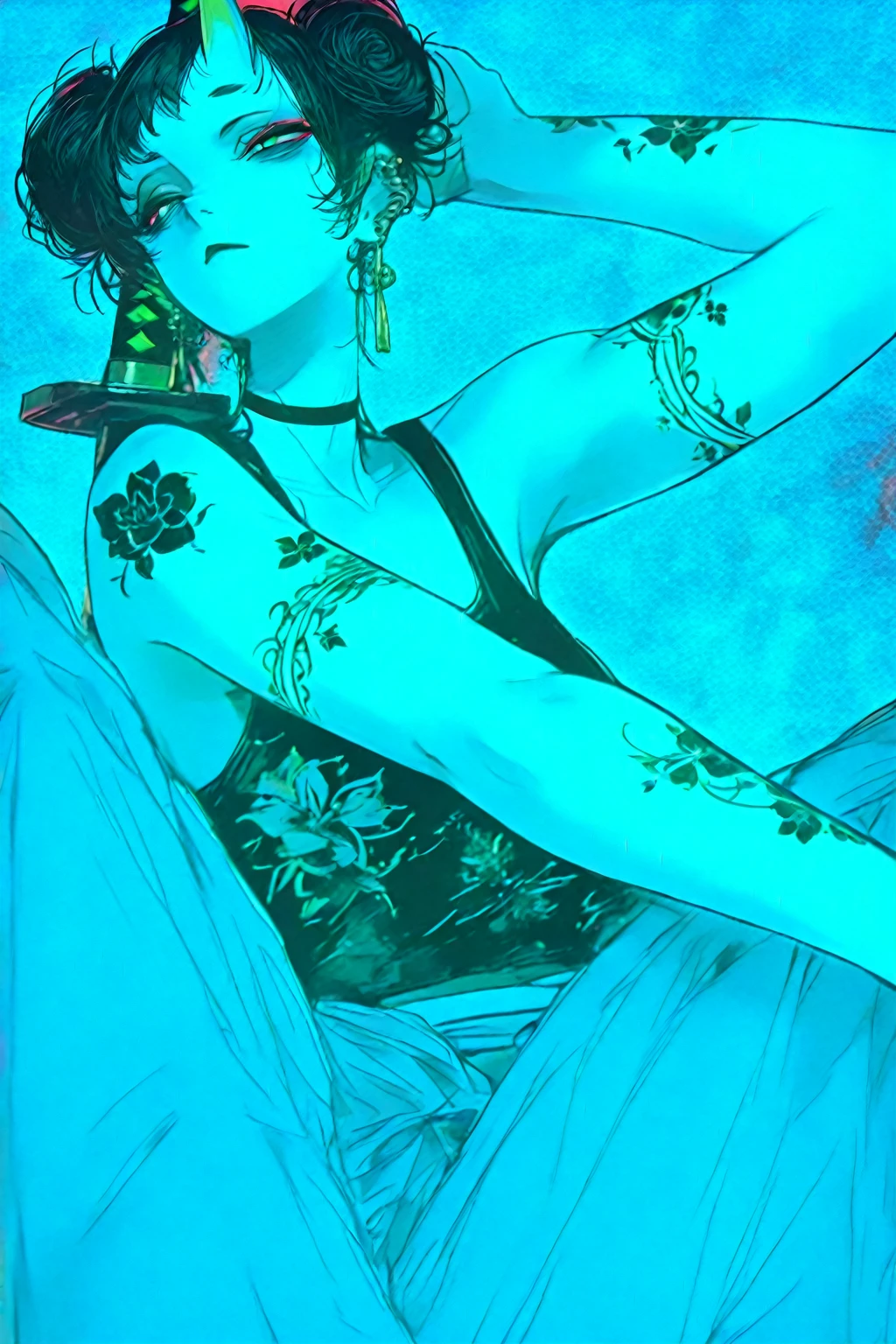 Male dark blond head, long hear, portrait of a pole, undercut hair, freckles, amazing body, pronounced feminine feature, legwear suspenders, setting in bathroom, close up, ((closed swimsuit)), small breast, embarrassed face, ((wet body and head)), male fit body, extremely very short hair black, alien ship, biotech surroundings, showering , alien ripley