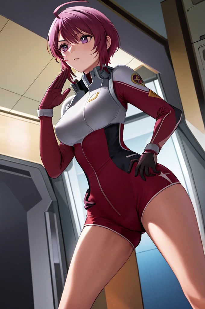 gundam, gundam suisei no majo, miorine rembran, 1girl, ahoge, black pantyhose, blush, bodysuit, navel, cropped legs, crossed arms, grey eyes, indoors, spacecraft, score_9, score_8_up, score_7_up, score_6_up, score_5_up, score_4_up, BREAK source_anime, masterpiece