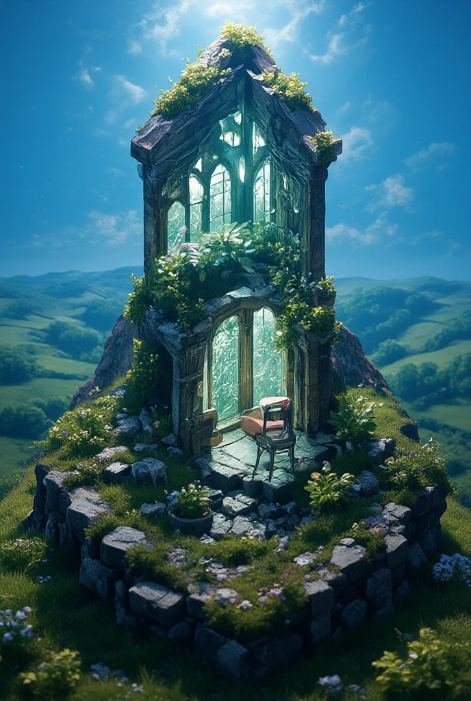  in high-definition images、Glass Castle Masterpiece, 最high qualityで, high quality, High ResolutionCG Unity 8K 壁紙 , 古代ガラスの城の廃墟  Scenery, Outdoors, English Prairie, Blue Sky Seen Passing Through, Glass Castle Ruins England , Mountain Top Ruins,  Scenery, nature,High Resolution ,  Color Difference, photorealism 、 Highly Detailed Castle Ruins in Ruins