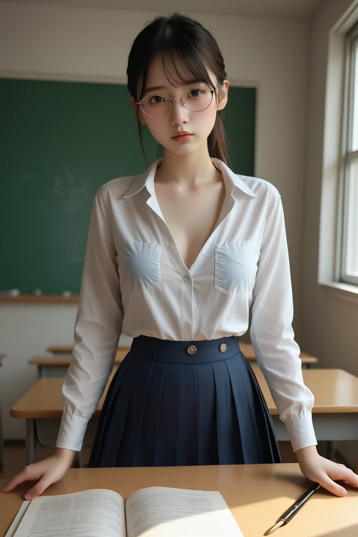 （（Browsing Caution））（masterpiece）（Highest quality）（Very detailed）1 female，17 years old，Japanese，155cm，high school student　Black Hair,short hair,bags,Short Ponytail,, short sleeve shirt,blouse　Pretty beauty　Short skirt　(Small breasts)　School,classroom,Window,sunlight,Blue sky　whole body　3d
