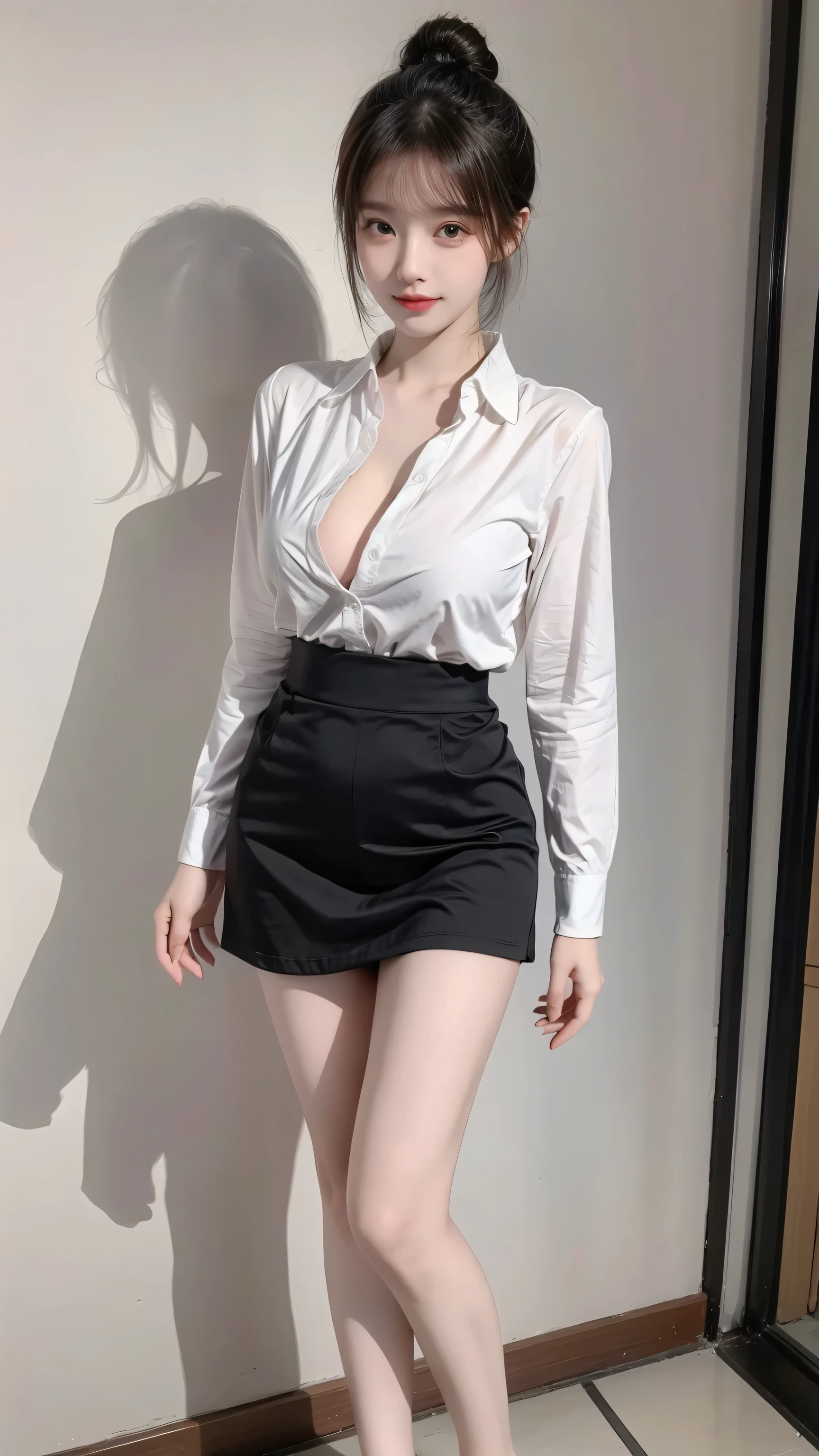 (8k,Ultra-high resolution,Highest quality,masterpiece,Realistic,Ultra-high resolution,High-quality RAW color photos,Professional photos,Realistic,Realistic),Natural skin texture,Fine skin,Hyperrealism,Intricate details,Adult women,Eye highlights.Lip gloss,Shiny skin,Glossy Lips,((Cute smile),Short Hair,Black Hair),((((White dress shirt,White short sleeve shirt,Navy tight long skirt),Black High Heels,)See-through bra,Cute smile,face focus,guravure pose)),High rise office building