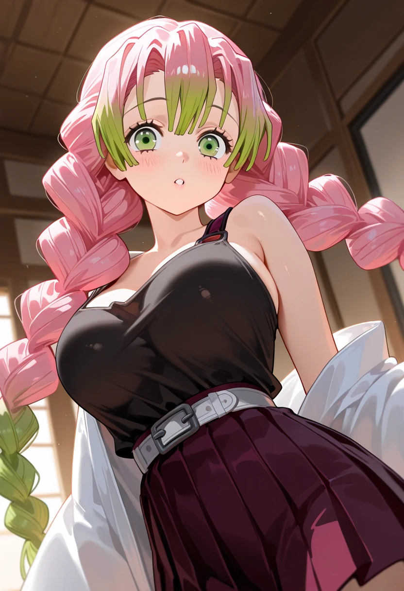 8k high definition, Mitsuri Kanroji, pink hair, green hair, braids, huge natural breasts, seductive pose, shy embarrassed smile, black kimono