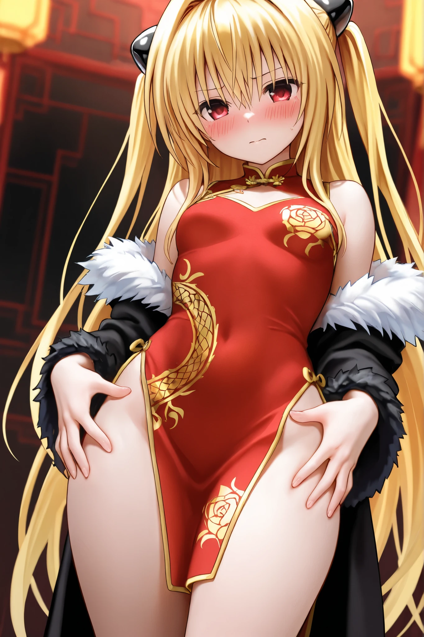 Highly detailed, High Quality, masterpiece, hutaodef, ((small breasts)), eager pet pose, alley, spread legs, blonde very long hair, no pantsu, very red areola