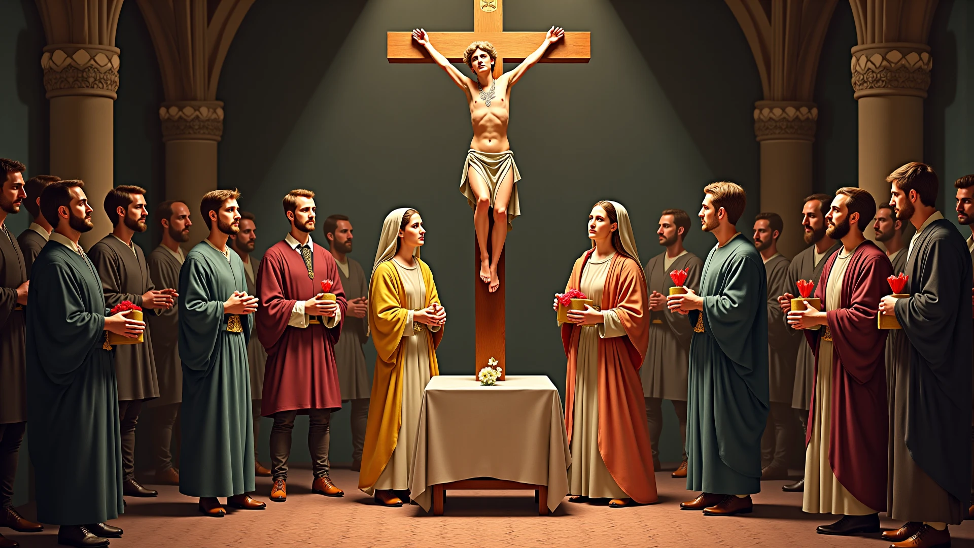 Jesus crucified behind the priest on the altar of the Catholic church, spilling his blood that comes out of his heart and falls into the chalice that the priest holds in his hands, which is above the altar at mass.
