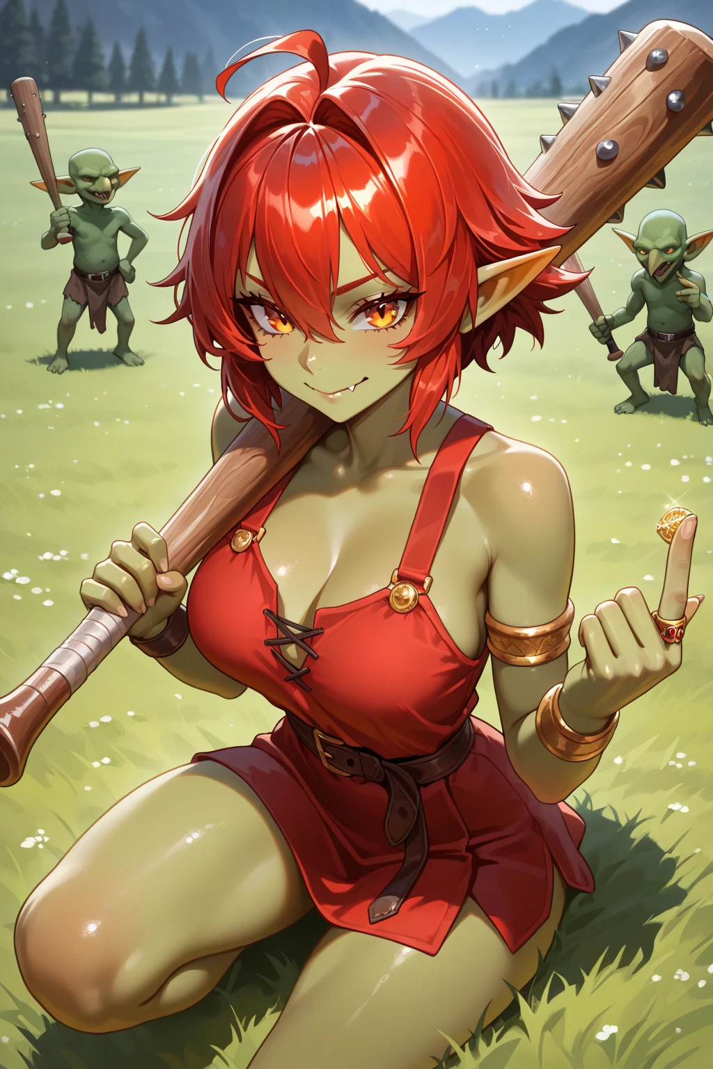 Solo,female goblin,green skin, short stack, short red messy hair, leather bikini armour, holding axe, standing, legs spread, masterpiece high-quality