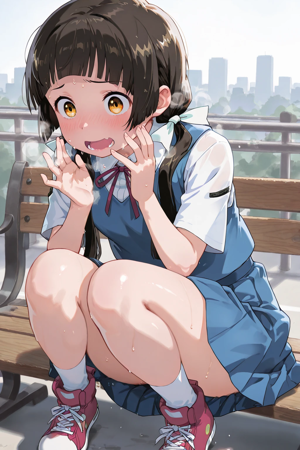 score_9, score_8_up, score_7_up, source_anime, best quality, masterpiece, official art, absurdres, highres, ultra-detailed,waifu2x,Collection: Slice of Life,break,1girl, hair bobbles,sleeveless shirt,brown skirt,kneehighs,sweat, open mouth, (yawn:0.3), sleepily, outdoors, wind,break,(clear line illustration:1.2), super detailed skin,very high resolution, very aesthetic, Best sexual lighting powered by famous artist, 8k,cute picture,beauty illustration,photoshop_(medium),,(Detailed Lighting),best anime 8k konachan wallpaper, pixiv contest winner,