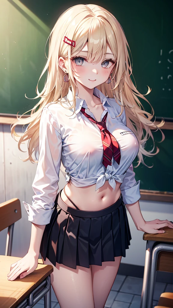 ((masterpiece、Highest quality、Very detailed))、One Girl、Blonde、Long Hair、Wavy Hair、Grey Eyes、evil smile、Pink Lips、((lots of piercings))、Large Breasts、((White shirt))、A bow tie、Rolled up sleeves、((Black pleated skirt))、((Miniskirt))、Cowboy Shot、Classroom Background
