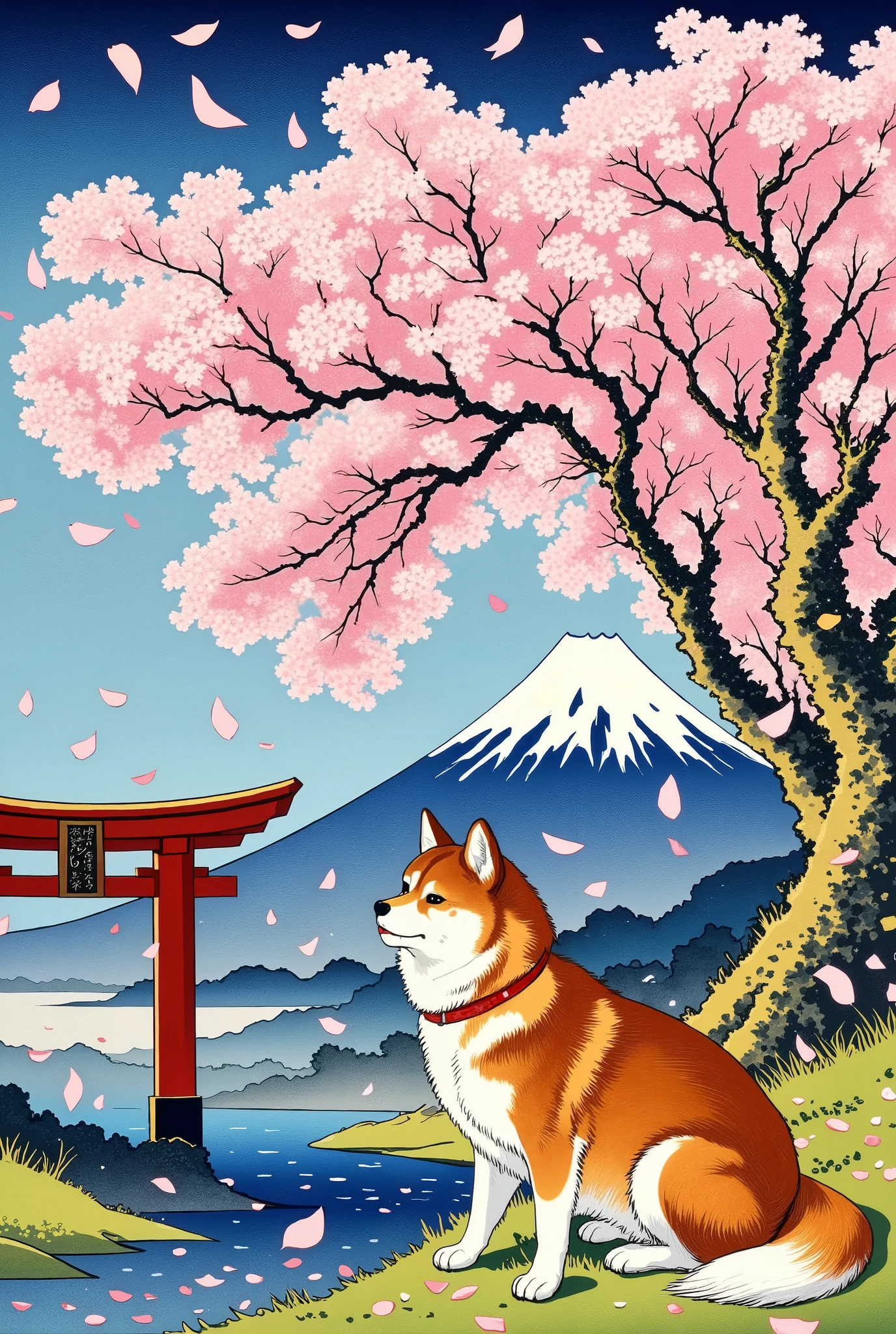 A traditional Japanese ukiyo-e style illustration of a Shiba Inu sitting calmly under full-bloom cherry blossoms, with Mount Fuji in the background. The scene is set in spring with soft pink petals falling, a serene river flowing nearby, and a peaceful atmosphere. The dog is facing forward, sitting on a tatami mat or grass. Bright daylight. High detail, traditional woodblock print texture.