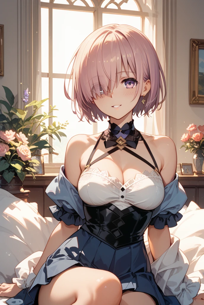 (masterpiece, Highest quality:1.3), (Very detailed:1.2), (hyperRealistic:1.3), (RAW Photos:1.2), High resolution raw color photos, Professional photos, (PhotoRealistic:1.4), (Realistic:1.4), (Pink Hair:1.5), Professional Lighting, Perfect Anatomy, (Big Breasts:1.3), (blush, Detailed face), (Bright smile:1.5), Trending Hair&Trending Hairカラーをランダムに, Earrings, necklace, bracelet, sexy, erotic sexy, ランダムなsexyなグラビアポーズ, (Beautiful cosplayer in a pink and white gothic lolita dress、The mysterious smile of an old church、Blue rose in hand。Lace headdress on head、She is wearing white boots。: 1.3)、Succubus、devil、It has two reddish-black horns on its head..、two horns on the head,