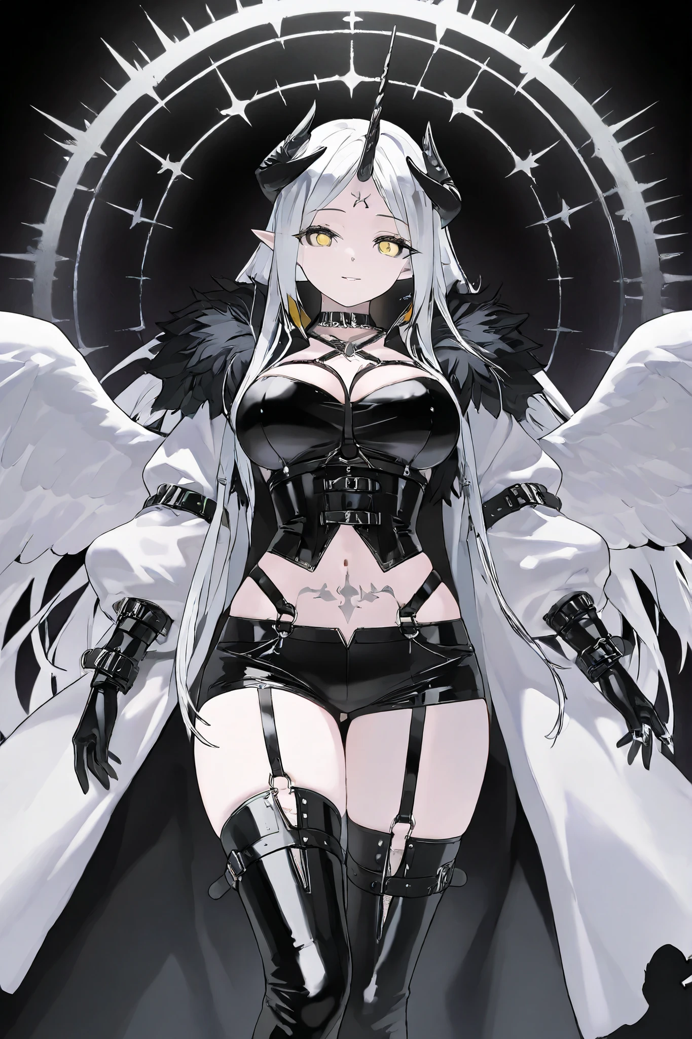 The girl is a fallen Seraph. Her long straight hair is jet black, highlighted with white strands,half bangs ower her eyes. her eyes are dark black with white crosses pupils. She has black-grey skin and pointed ears. on her skin she has a tattoo of the silver cross. (One single Unicorn horn in center of her forehead) In the center of her forehead she has a one black unicorn-horn decorated with silver chains. She is wearing a black bdsm catsuit with short shorts. She wearing a white short fur coat with fur high collar and fur sleeves. She wears high hip-length patent leather boots with straps. She wears on her head a black patent leather cap. She is wearing silicone black gloves with silver claw rings. She wears a BDSM bondage set of : silver chest ribs harness , garters, corset, choker, made of silver and leather straps with inverted crosses pendants . She has six monochrome wings on her back, three black wings and three white wings. In the background: A white temple on clouds, made in the Greek style,white heavenly city among the clouds.