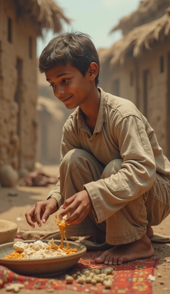 Picture me as a young Muslim student Guy wearing a peci and sarong while White rice without side dishes and his clothes are tattered while crying 