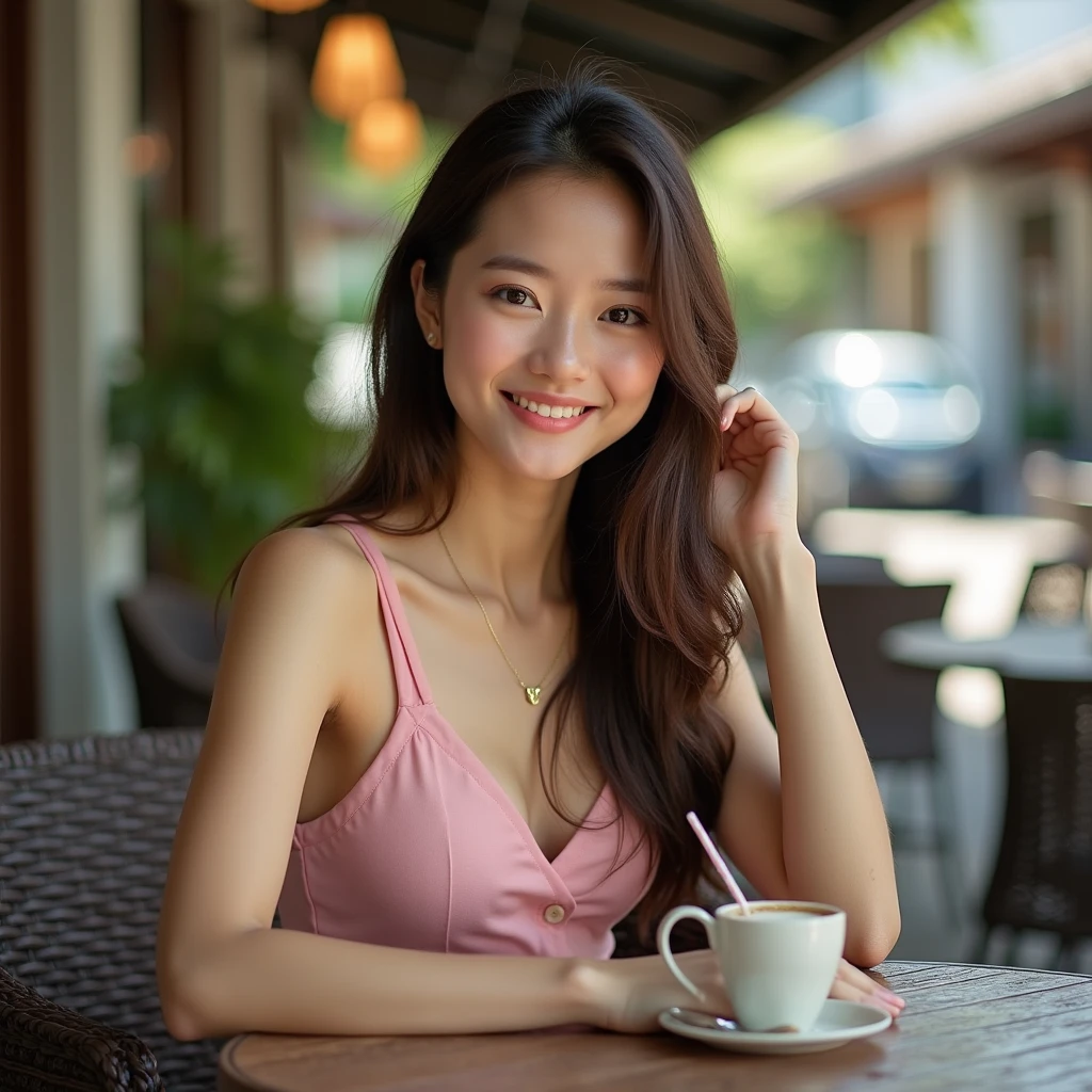 a beautiful asian woman with long brown hair, sitting at a table and smiling at the camera, advertisement, pink background, holding a cup of coffee, dresses 