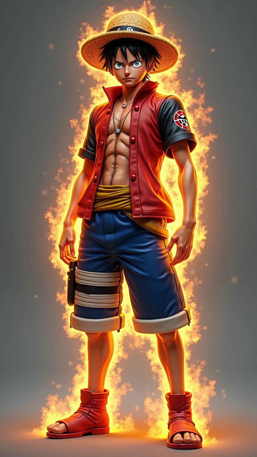 A man with a well-defined body, com short, wearing shoes, with hat on head, with plenty of fire flames around the body.