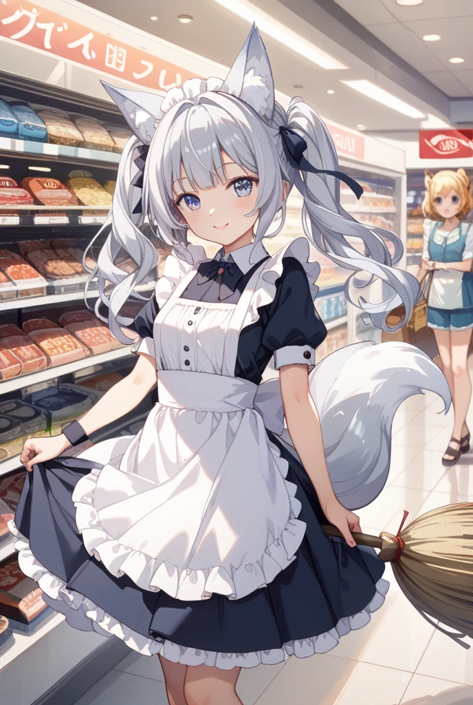 score_9, score_8_up, 1girl, cute, solo, symmetry, straight on, upper body, fox ears, fox tail, kyuubi, multiple tails, small breasts, animal ear fluff, (ear tufts:1.2), maid, pastry, shop, standing, old shop, old interior, cozy, comfy, soft lighting, warm lighting