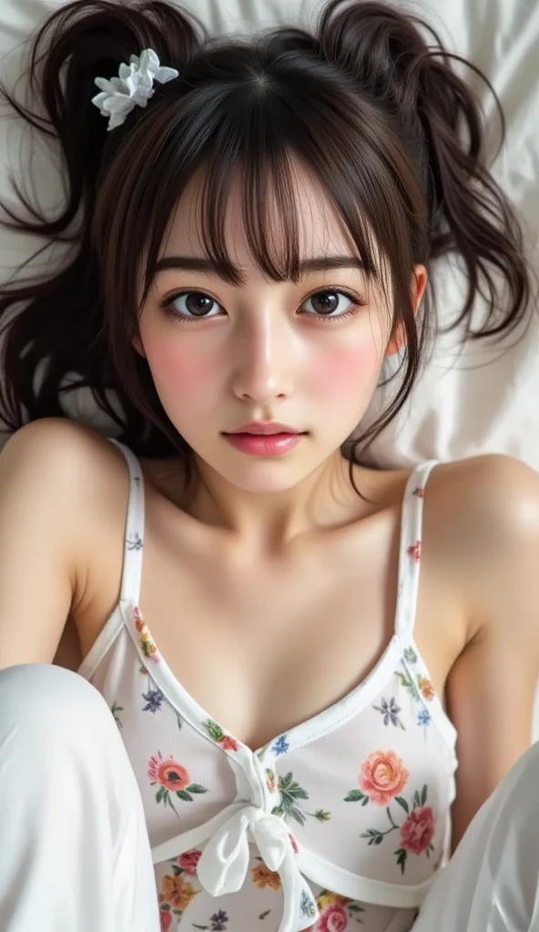 Middle school students、、Women、Cute face、Bun hairstyle、With bangs、Big Breasts、Good style、bra、Add some boobs、bed、Sexy expression