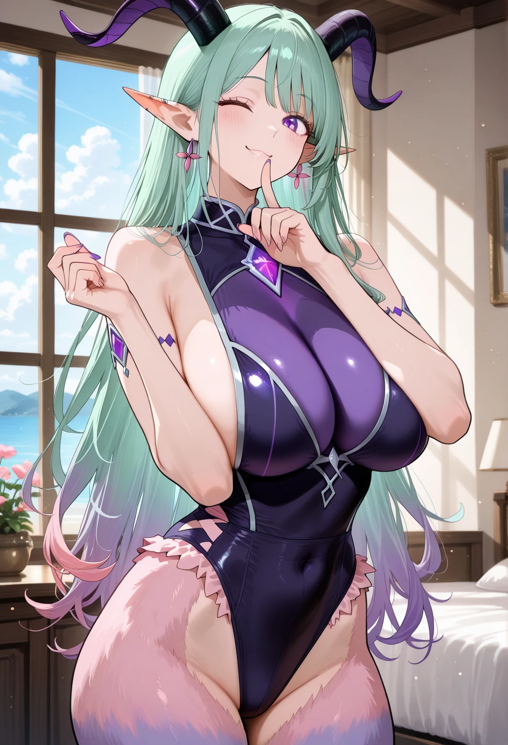 (masterpiece, best quality), best quality, (ultra-detailed), (3heads:1.5), 1girl, (watatsuki no yorihime:1.3), masterpiece, best quality, ultra quality, ultra resolution, ultra detail, dark red top, small crop top, ((stomach)), midriff, ((groin)), open midriff, dark red skirt, miniskirt, normal ears, shackles, light purple hair, tied into a ponytail, very long hair, wavy hair, sidelocks, purple eyes, parted lips, sweat, cute, open belly, toned belly, hand on own chest, eyelashes, (24 year old woman:1.3), (masterpiece:1.5), (best quality:1.5), (beautiful detailed), extremely detailed CG, extremely delicate and beautiful, depth of field, (finely detailed face), (perfect details:1.2), (mature female:1.3), wide pelvis, slender, large veiny breast, 16k resolution, highres, very high quality, very high definition, extremely detailed, masterpiece, light purple hair, long hair, alluring presence, braid, short skirt, close up, big tits, young, white bonnet, red bow, open belly, midriff, nsfw,