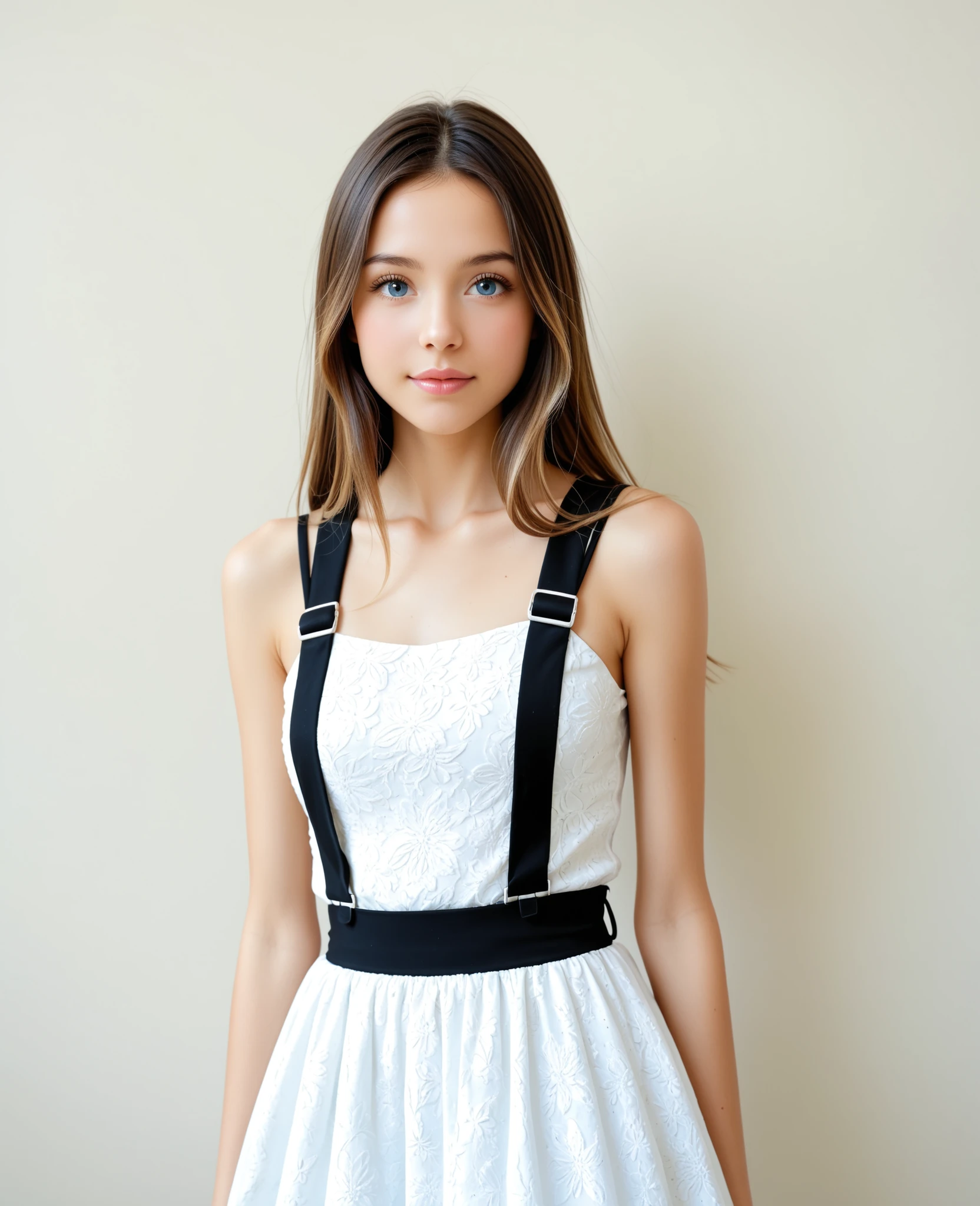 0HD image quality、 True、Valuable、Artistic、 Superb 、 pretty girl、fashion blockbuster、ht、upper body、front、standing、Clean background,Blues、wearing a stylish black suspender dress