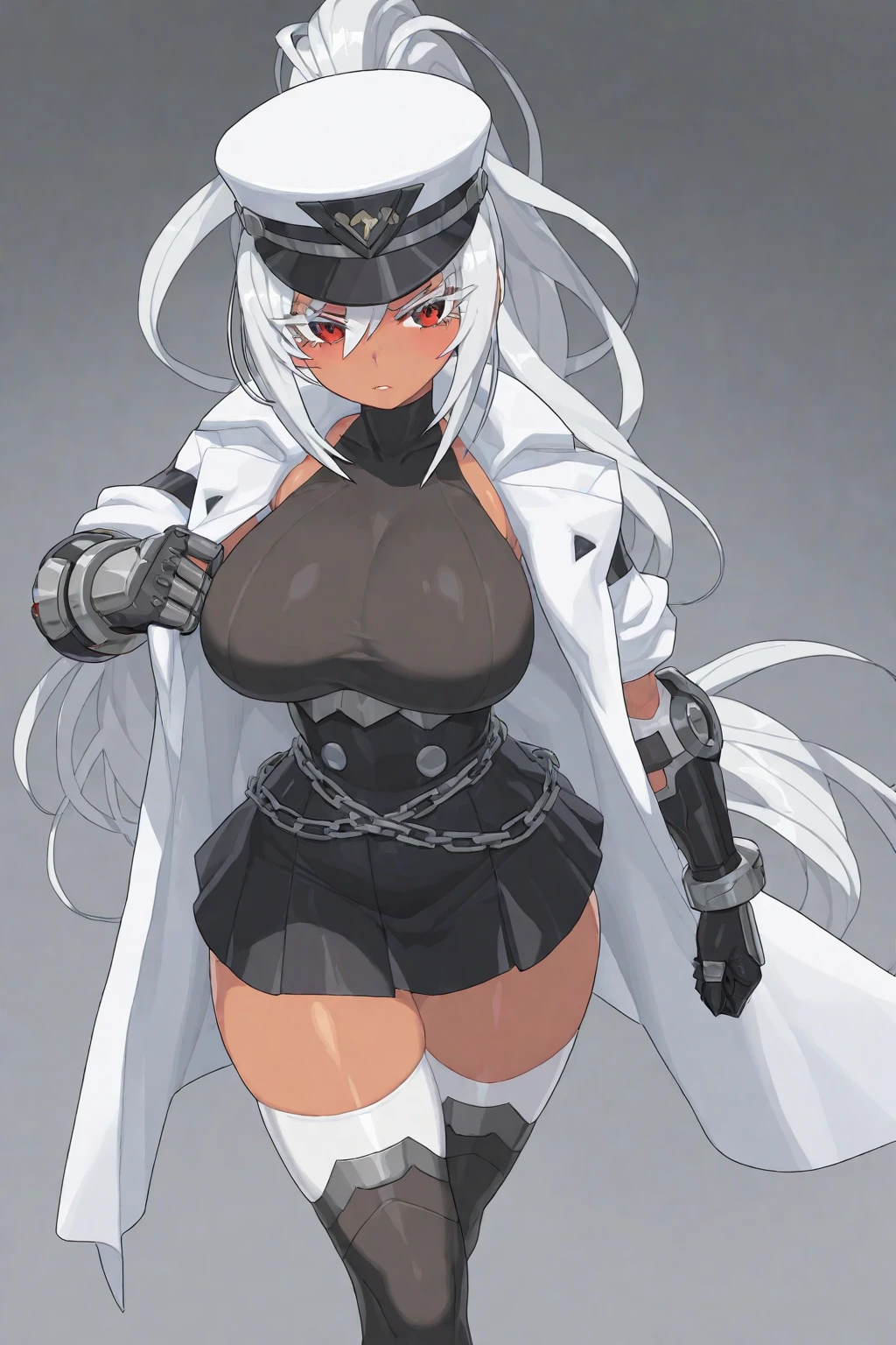 1girl ,solo,20s,mature female,serious face,white hair,long hair,fox ears,(simple background),thighhighs, see-through, black leotard, armor, black thighhighs, gloves
