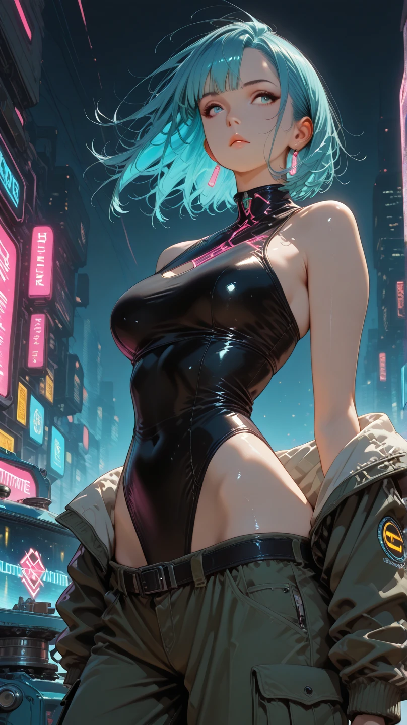 masterpiece, best quality, 1girl, ives , Mecha, beautiful lighting, (Neon light: 1.2), (night: 1.5), "masterpiece, best quality, 1girl, full-length portrait, sensual pose, green eyes, multicolored hair+silver:1.3+red:1.2+purple+yellow:1.3+green:1.3, sculpted legs and tempting curves, full breasts, pretty face, lots of water drops, cloud, Twilight, open plan, Watercolor, Neon light: 1.2, night:1.5, Mecha, beautiful lighting, bright neon light: 1.2, unforgettable mysterious night: 1.5"