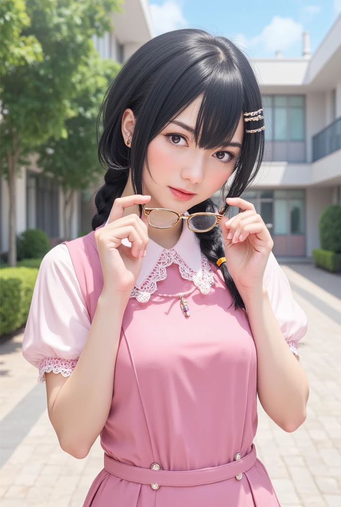 Realistic, high quality, maid, twin tails, maid clothes with open chest, pink maid clothes, pink round glasses, short skirt, waiting for karaoke,