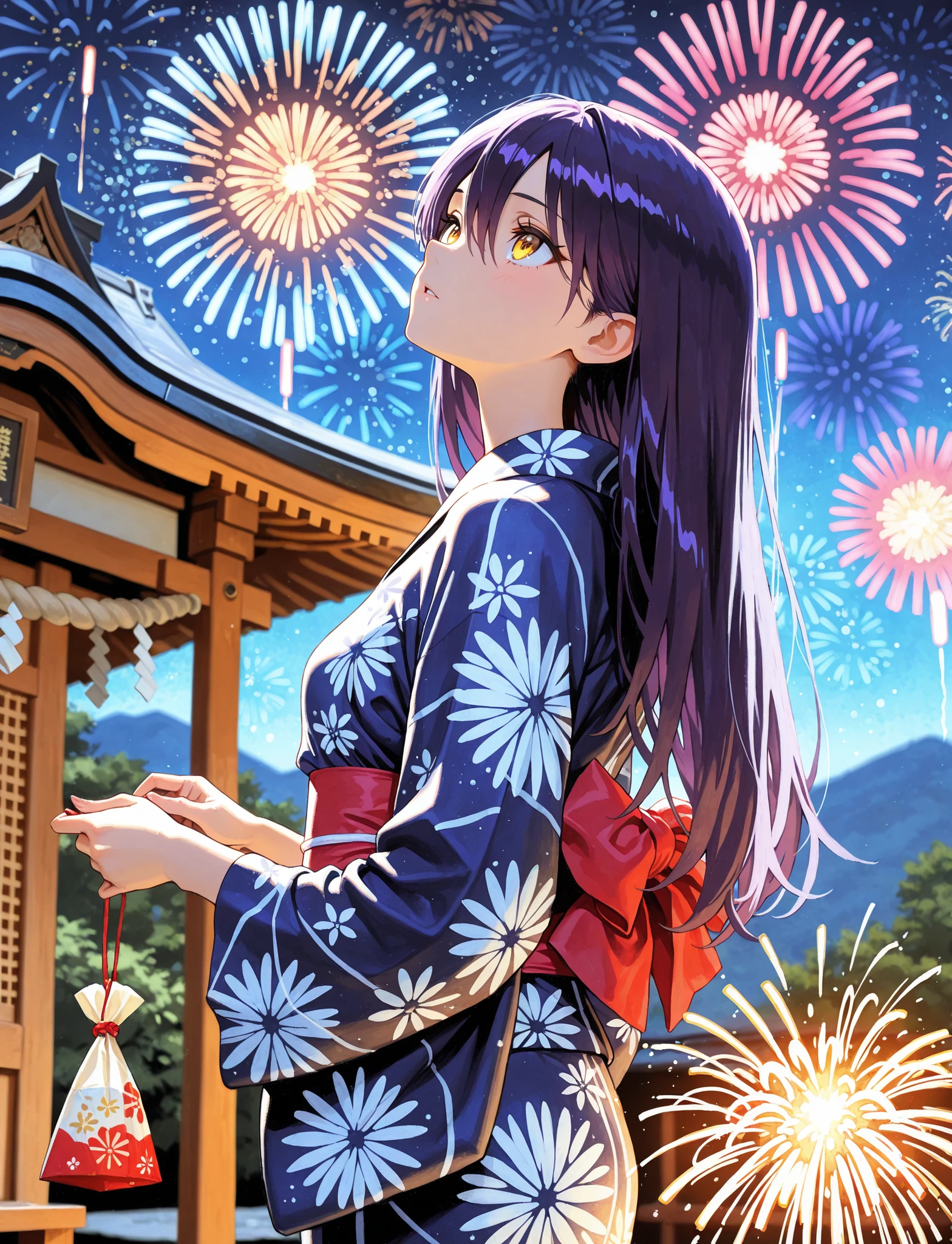 1girl, Nyann, long hair, yellow eyes, dark purple hair, hair between eyes,yukata,depth of field, fake traditional media, Picturesque, Impressionism, masterpiece, high score, Great score , very high resolution highlights (masterpiece) 、 (Best Quality)) 、 (Super Detailed) , beautiful girl , Beautiful detailed face ,perfect 5 fingers , perfect human structure , Perfect Anatomy ,beautiful light effect,beautiful light effect, small breasts,background is shrine,perfect 5fingers, looking up at many fireworks in the sky,looking back