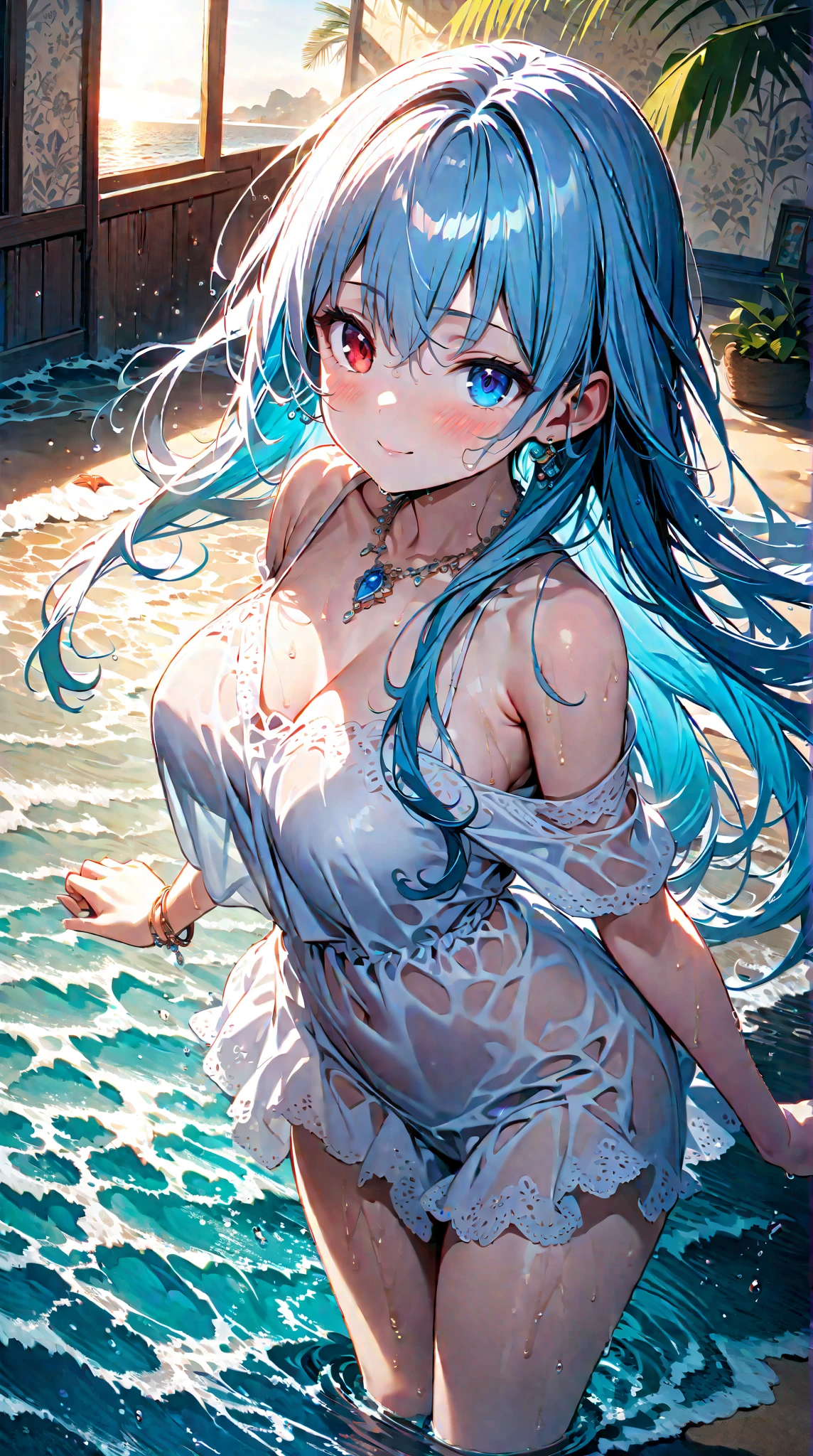 (highest quality, 8K, 32K, masterpiece, UHD: 1.3), 1 female, (Oversized: 1.3), perfect figure,, (attractive), (Sheer skin)) 、((((Transparent see-through dress))))、see-through dresses、lace sheer dress、Transparent dress、Sheer skin、Transparent dressを着た美しい裸の女性、solo、best style、big breasts、The most beautiful in the world、unparalleled beauty、long hair、 ((blue bathhouse)),、Blue lighting. concept art stunning atmosphere, blue atmosphere, beautiful concept art, Dark Majestic gorgeous public bath,、(blue water辺、blue water)、blue stone、blue stone、blue reflection、Cyan color、get wet in blue water、Blue light、blue flower、Blue roses、Blue World、Expressive、sexy pose、sexy design