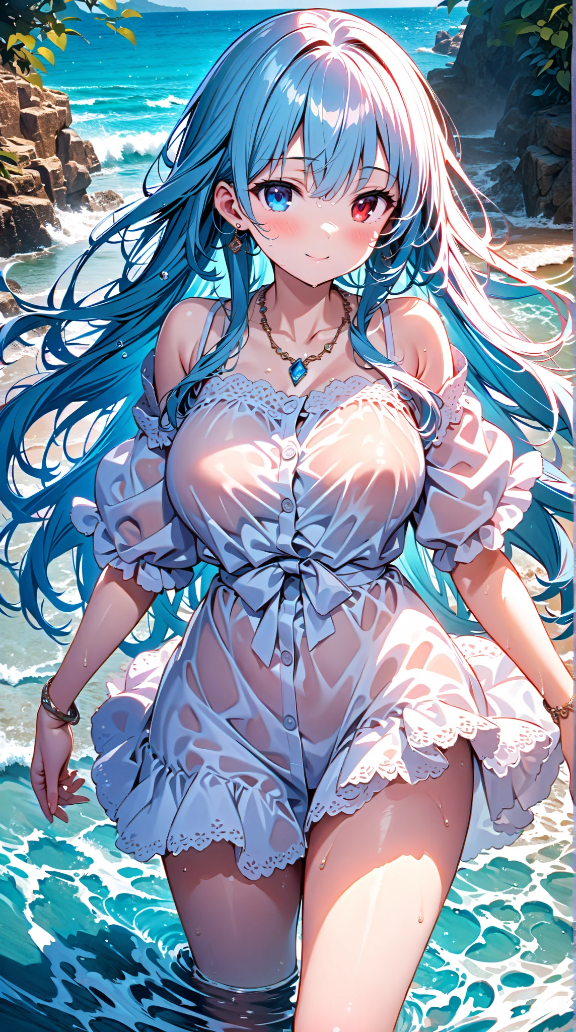 Highest quality、Highest quality、masterpiece、(8K resolution),beauty(Age 25)、(Mature Appearance)、Light blue long hair(Braiding of sides)、blue eyes、(Blue underwear with detailed embroidery)、(Elf)、Big cleavage、((Very large breasts))、smile、blue necklace、Blue Earrings、background(Beach)、Please open your mouth wide、bracelet、Dynamic pose、Blue choker、