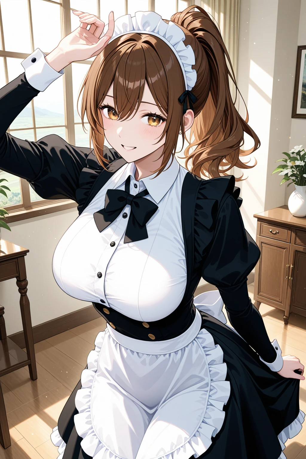 a cartoon of a maid giving a man a blow, , anime maids riding starter tanks, military ss anime maid, (sfw) safe for work, Oppai, will do, fujita goro!, doujin, kawai, by Shingei, umineko, our species, by Kamisaka Sekka