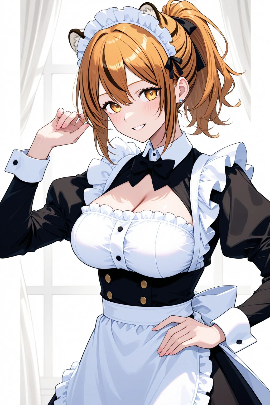masterpiece, best quality, ultra-detailed, 1girl (namiop, Big and pretty breasts, jewelry, earrings, dog collar, orange hair, hair bun, single hair bun, brown eyes), a seductive face, smile, makeup, glow lips, facing viewer, looking at viewer, solo, maid(black), frill, apron, maid headdress, white lace thighhighs, mini skirt, wanostyle, night time, in the livingroom, standing, Sexy waist teasing