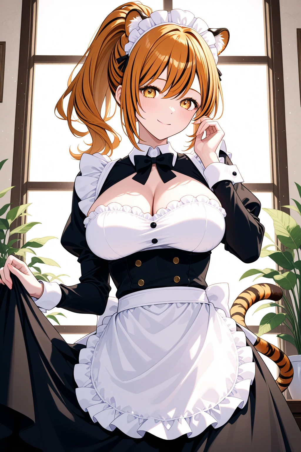source_anime,score_9,score_8_up,ikuchan, BREAK, 1girl, short hair, INDOORS, MEDUIM BREASTS, BRANDING, smile, happy, lole, ((aged down)), young, very young, rating:safe, sfw, smug, grin, furry, tiger, blonde hair, fur, tiger fur, tiger ears, maid, maid outfit, ass, skirt, rating:safe, sfw, skirt, aged down, lole, young, extremely young, ginger hair, lumine, genshin impact