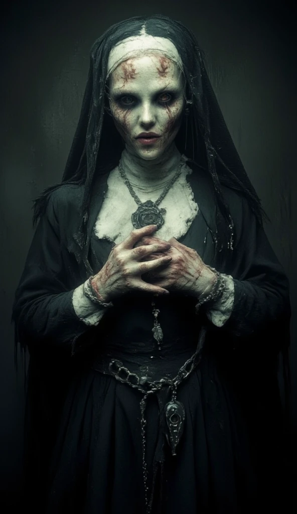 (dark, mysterious) figure in a (creepy, abandoned) church, (ominous lighting) highlighting the (sinister, twisted) expression on her face. She is wearing a (tattered, black) robe with (torn, white) lace details. The (haunting, hauntingly beautiful) eyes are glowing with an (evil, otherworldly) intensity, while her (cracked, blood-red) lips form a wicked smile. The painting showcases an (intricate, detailed) portrayal of the nun, capturing every (wrinkle, fold, and texture) with (ultra-detailed precision). The overall atmosphere exudes (horror, gothic) vibes, with (eerie shadows) dancing in the background. The (highres, photorealistic) artwork captures the essence of the possessed nun, giving it the appearance of a (masterpiece:1.2) straight out of a (horror movie).