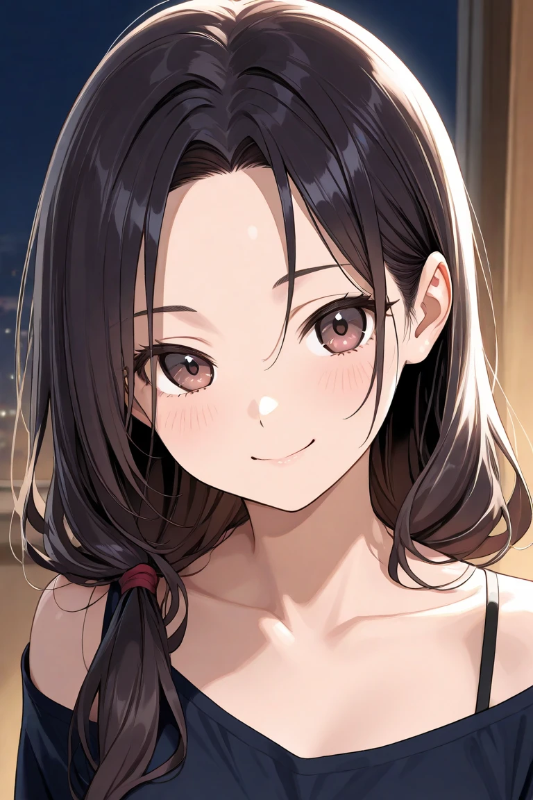 （looking at viewer:1.5）,Upper Body,head tilit,(Wet:1.2),I have a towel、
 Realistic, real person, (pale skin: 1.2), RAW photo, photorealistic, shiny skin, shiny hair、
(A 25-year-old woman with medium-length hair and bangs) and (wavy hair) and (brown hair) and (orange eyes) 、
smile, Wearing a black T-shirt 、The background is the living room at night,