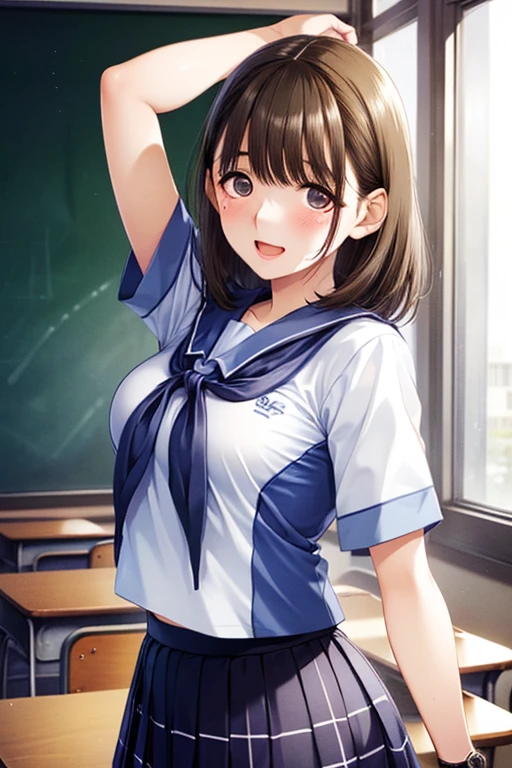 best quality ,masterpiece ,a girl,solo,(summer serafuku),school uniform,smile,shy,full body,(dark blue school socks),(spread legs),large breasts,hands behind head,arms behind head,(wearing loafer),sitting on the school chair,in high school classroom