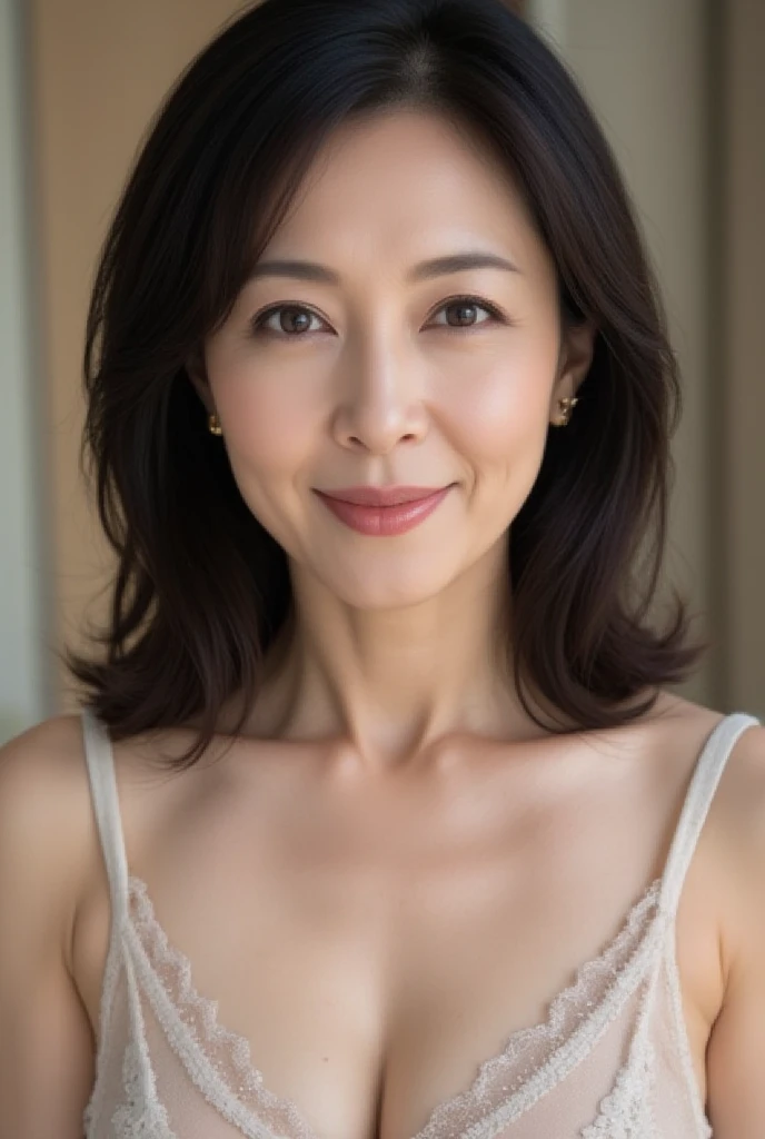 lingerie、Emphasize the chest、bed、smile、High resolution、Japanese、double eyelid、White teeth、Medium Hair、Black Hair,45 years old,E cup breasts,Big Breasts.Natural Makeup,whole body