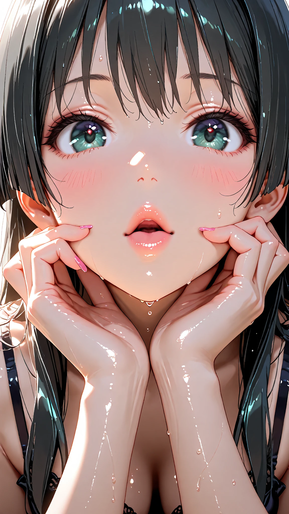 ExtremelyDetailed Kawaii girl Face,(Close-up Sweet lips), glossy lips with beautiful details, Coquettish tongue, Kissing to camera, towards the viewer, 8K TopQuality masterpiece,an extremely delicate and beautiful (ProfessionalPhoto:1.37), {Amazing|finely detail|official art|incredibly absurdres},ultra-detailed close-up shot, close up, (fish eye lens), wide lens, macro lens, Detailed reflective Eyes ElaboratePupils with (sparkling highlights:1.28) (Delicate Voluminous LongEyelashes:0.88), {(Tilted face:1.22)|Visible back of throat|saliva drips|naked shoulder}, (Dripping juice on tongue:1.23) snow particles