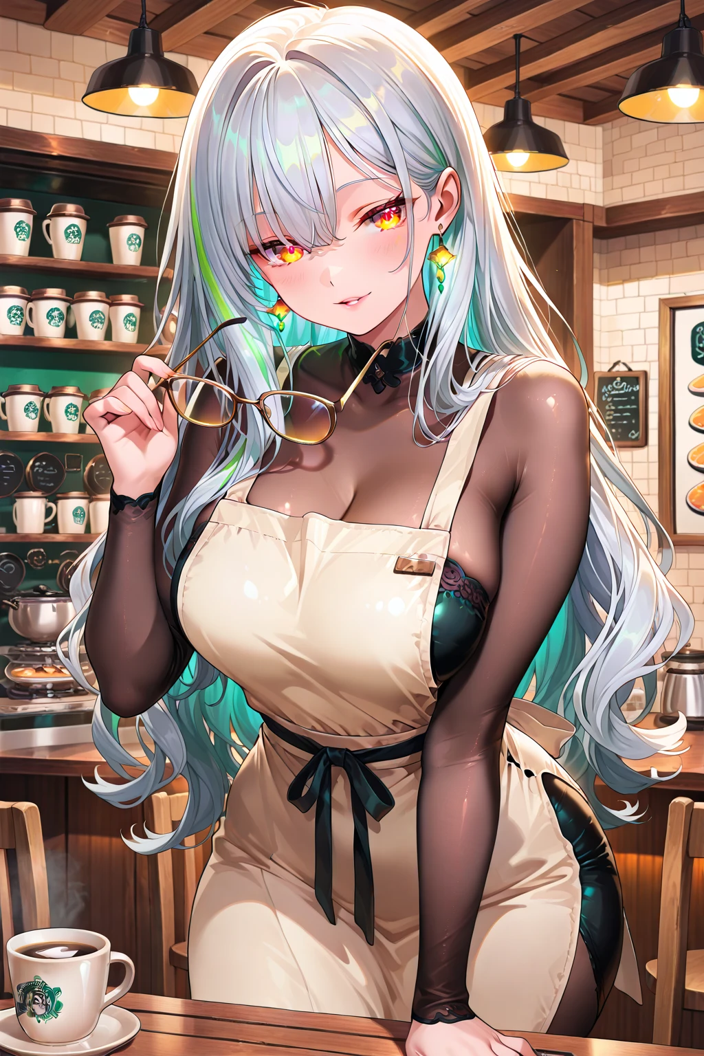 masterpiece, best quality, (colorful), (delicate eyes and face), volumetric light, ray tracing, extremely detailed CG unity 8k wallpaper, <lora:Echidna_5_10:1> echidna, 1girl, white hair, brown eyes, hair ornament, eyelashes, (colored eyelashes:1.1), breast milk latte, naked apron, cleavage, sideboob, (green apron:1.1), (holding cup:1.1), marker, meme, cafe, (looking at viewer:1.2), cowboy shot, smile, closed mouth, <lora:breast_milk_latte:0.9>