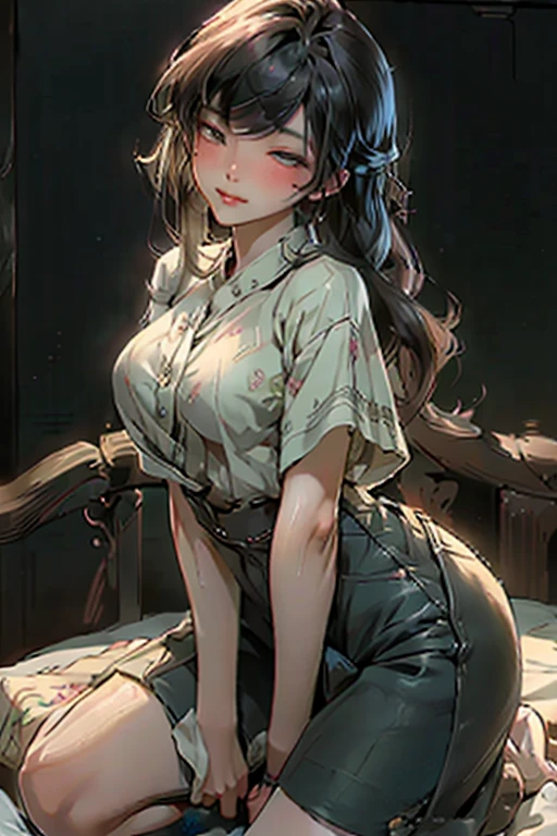 (masterpiece, best quality: 1.2), traditional Chinese ink painting, A cute 18 year old female with medium  breasts, sexy white lace , Oversized dress :1.5, Couch, Ultra-detailed face, Detailed eyes, Double eyelid, sfw , long dress,