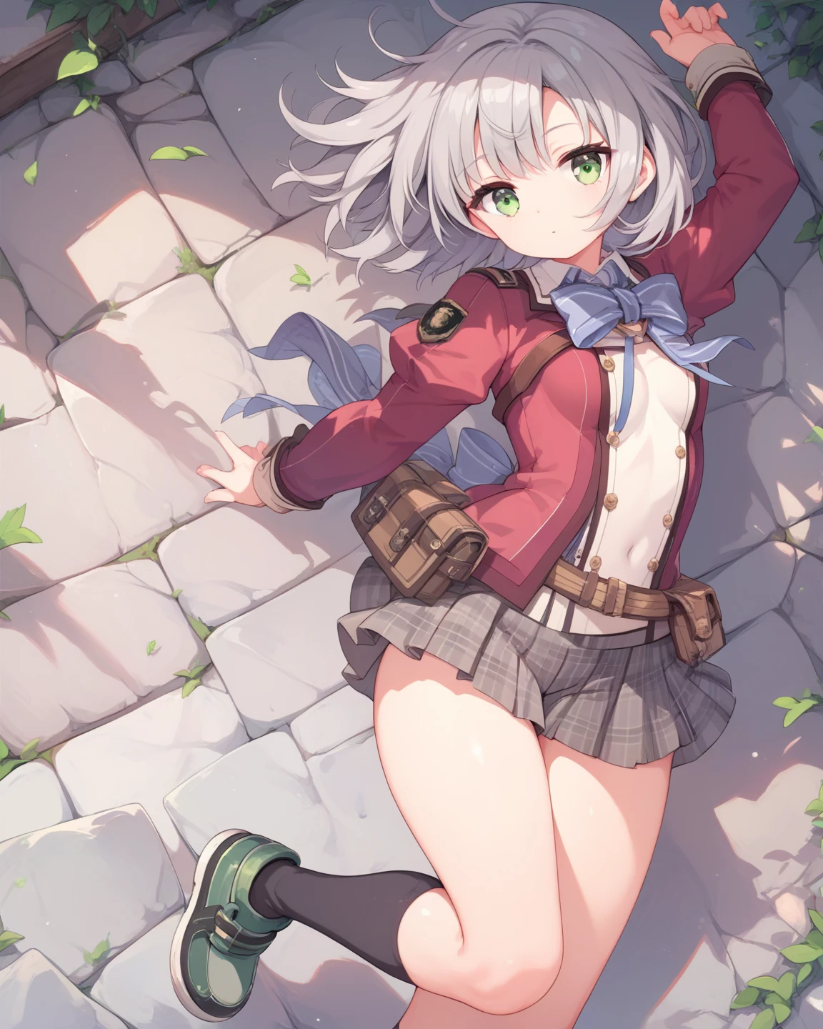 (anime artwork, anime style, studio anime, very detailed, up to date, vibrant, Anime Coloring, high contrast, masterpiece:1.2, best quality, best aesthetics),army suit, pleated skirt, Medium chest, A glimpse of thighs,random hair, One eye is hidden by the bangs, perfect proportions, high detail skin, Cute, detailed faces,forest, precise fingers,panty shot ,roll over,supine pose