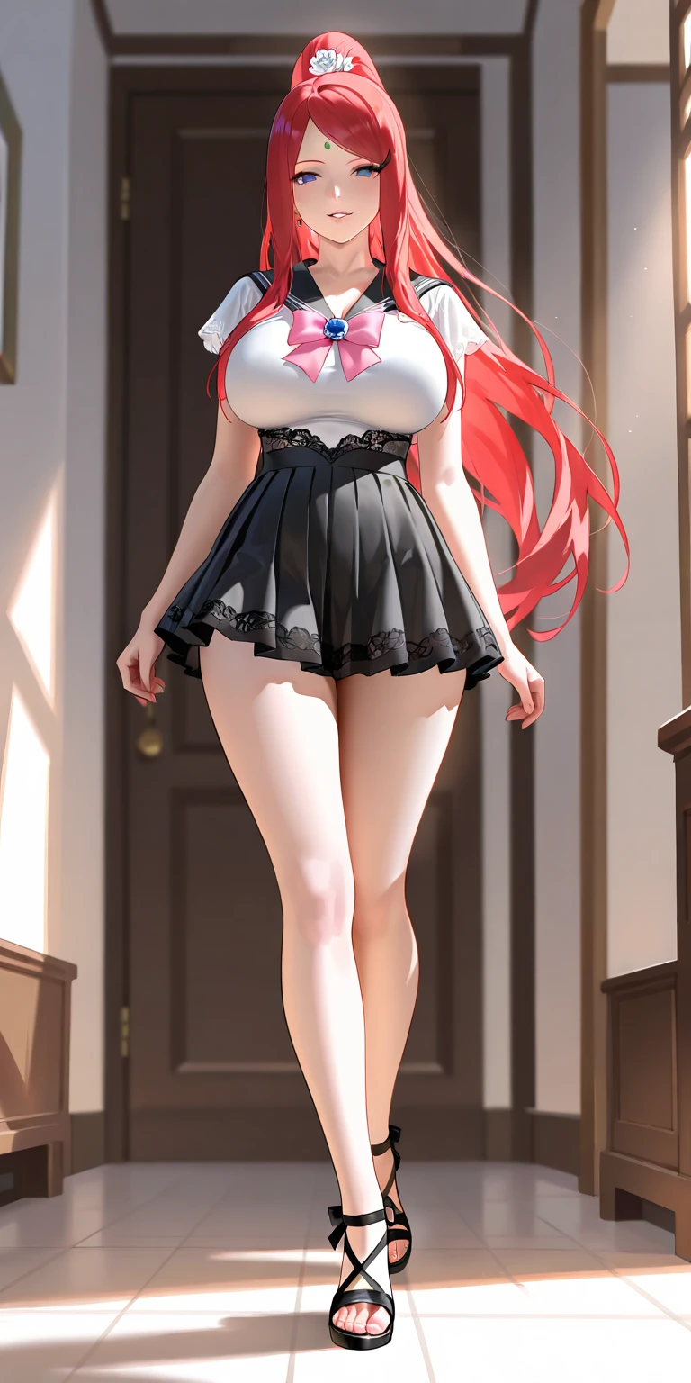 Beautiful hair anime girl, white underwear, art station, cute anime girl, cute anime girl portrait, cute anime girl, cute anime girl portrait, cute realistic portrait, cute girl anime visual, cute anime girl portrait, portrait anime girl, anime style portrait beautiful anime girl, full body, smile, (huge), navel, thin waist, (big hips), thighs, from below, cleavage, under boobs, shoulder off Sheer dress, big boobs, large breasts, saggy boobs