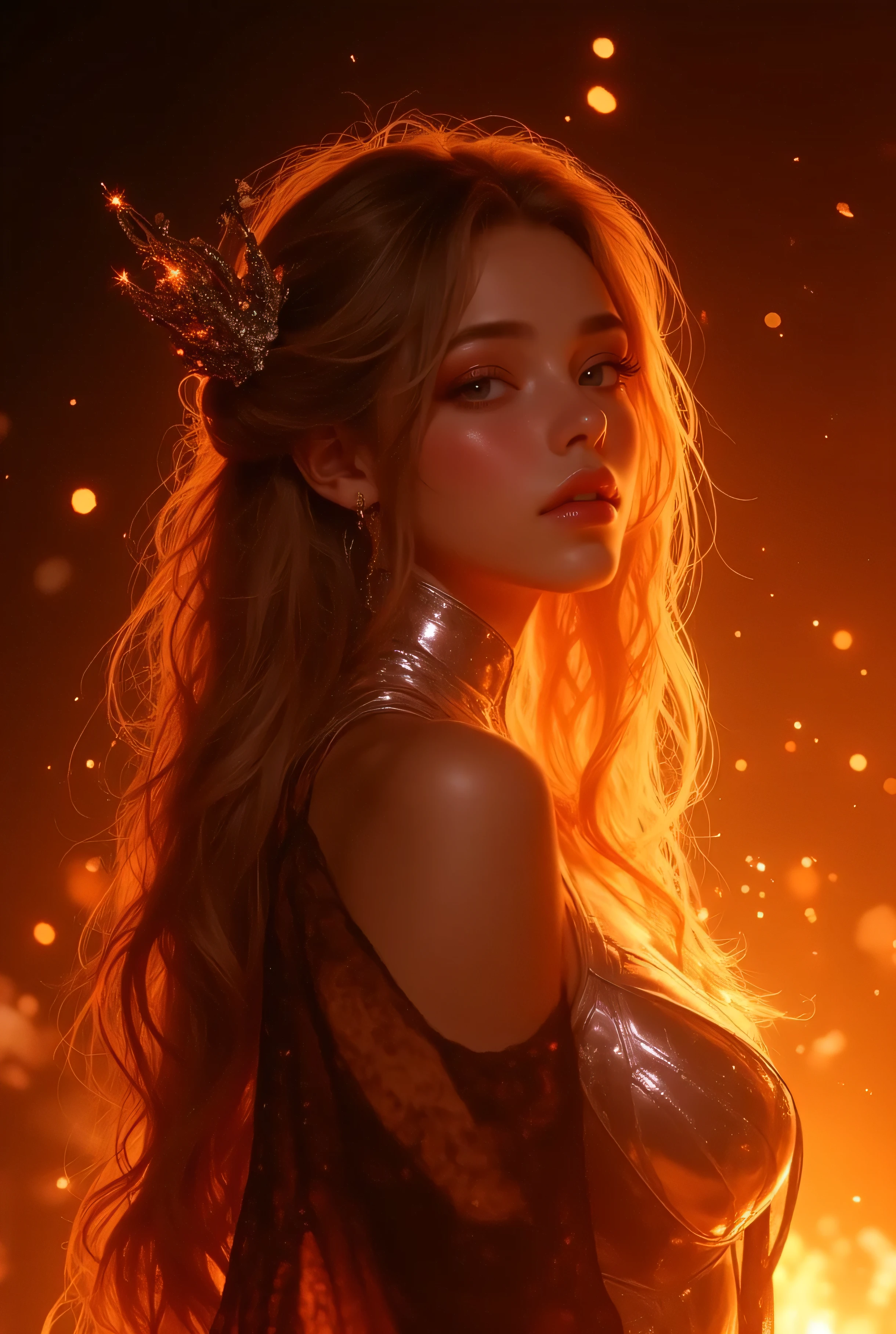 The overall color scheme is warm-toned, featuring rich oranges, deep ambers, golden highlights, and soft browns. She is centered in the frame, facing forward, with a dark-to-deep-brown gradient background that blends into a smoky, fiery atmosphere with glowing embers or light sparks (instead of snow).
Lighting is warm and cinematic, with soft golden side light and slight rim lighting for depth. No text, no ornaments — clean, minimal, logo-style aesthetic.
Logo-style illustration, transparent background (PNG), clean and elegant silhouette, soft shadows, stylized lighting, photorealistic face, cinematic composition, perfect symmetry, logo design focus.