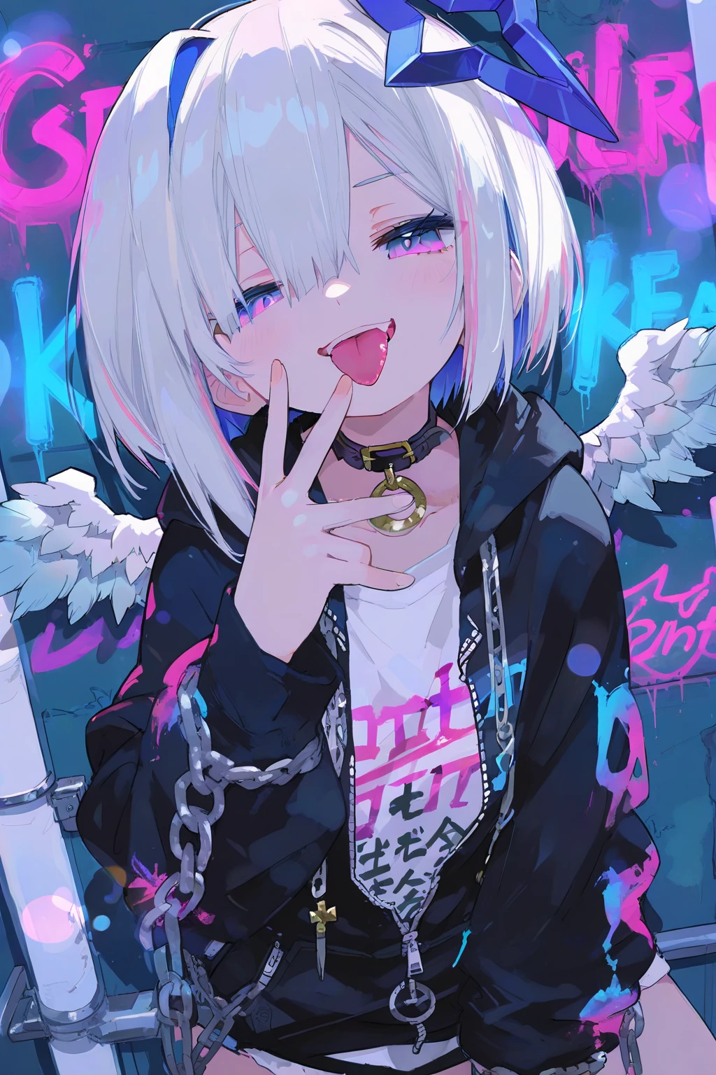 Highest quality,Highest Resolution,sexy,Neon Town,Short Bob,Very beautiful eyes,sweat profusely,Open your mouth wide and stick out your tongue,Big Breasts,whole body,Transparent nipples
