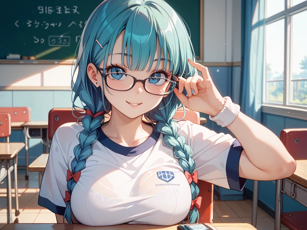 Nsfw, Masterpiece, beautiful art, professional artist, 8k, art style by sciamano240, very detailed face, detailed hair, detailed clothes, detailed fabric, 1girl, perfectly drawn body, beautiful face, long tied up hair, light blue hair , very detailed blue cat eyes, wearing gym clothes , wearing sneakers, glasses, rosey cheeks, track and field setting, model headshot , zoom in face, show details in eyes, upclose view, looking at viewer, cute expression,