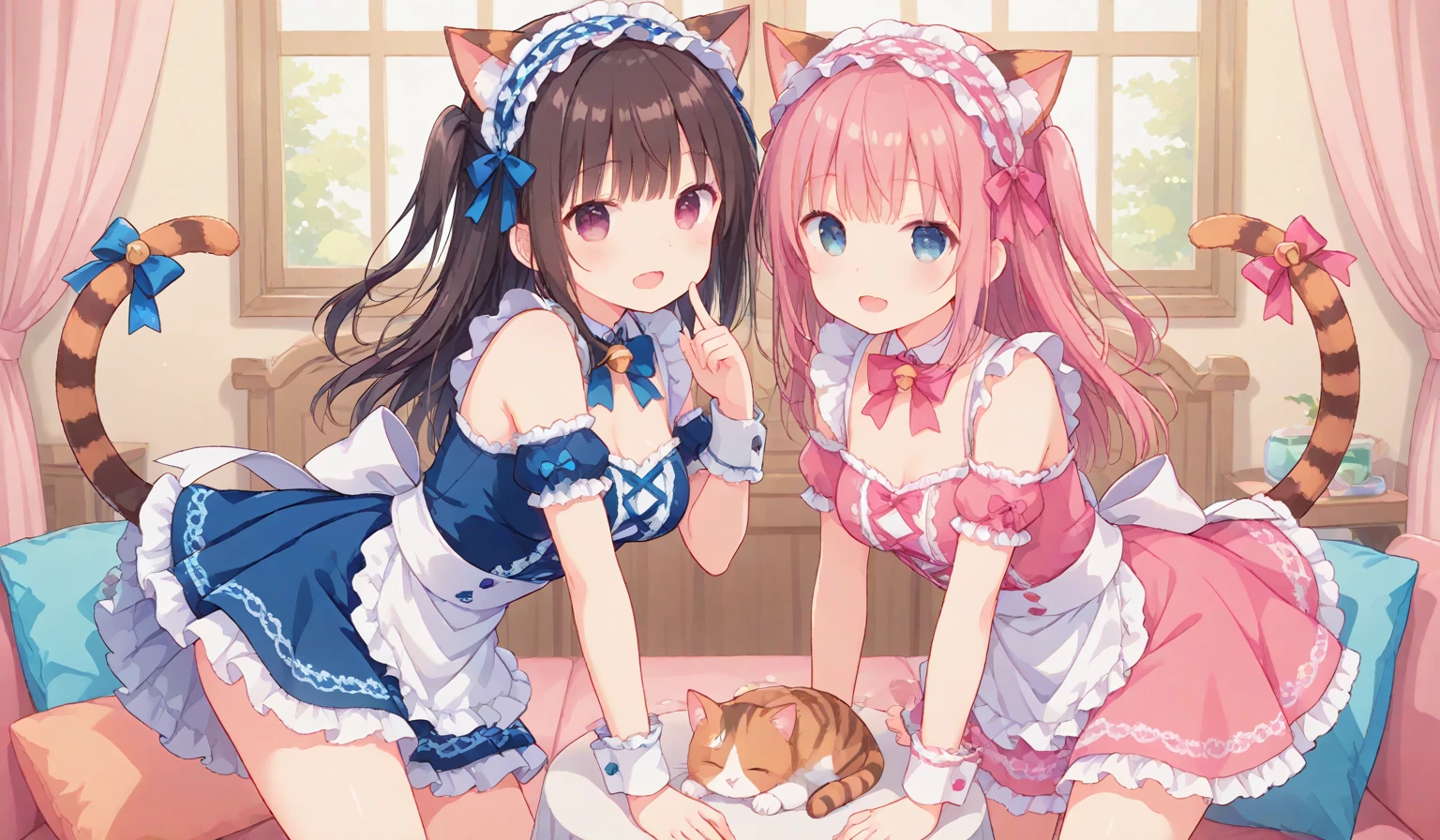 nsfw,ffm,Two Girls,Nipples,On all fours,panties,penis,blowjob,Long Tongue,Light blue hair,Light pink hairstyles，Cat ear，Pink Eyes，light blue lolita，White socks，,Pink ribbon,Laughing with your mouth open,Best image quality,Highest quality