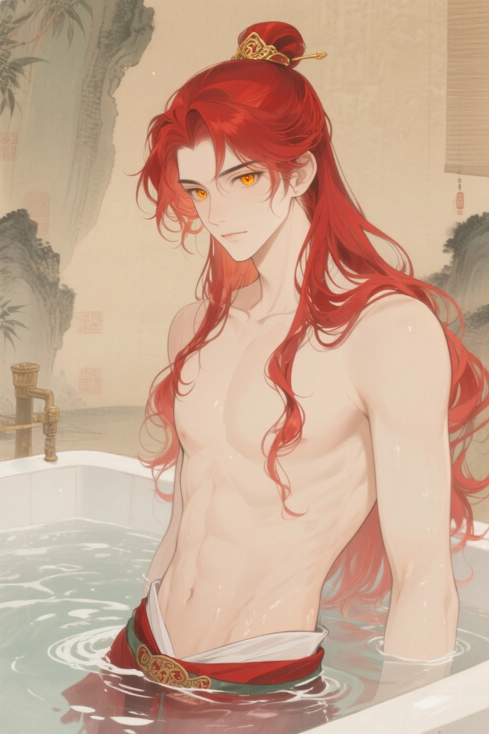 Man, (Solo), 18-years-old, red eyes,(Red long hair),  (collar with bell), (smiling blush), (day), shirtless, (sun), (In the water), anime, Lake with butterfly background