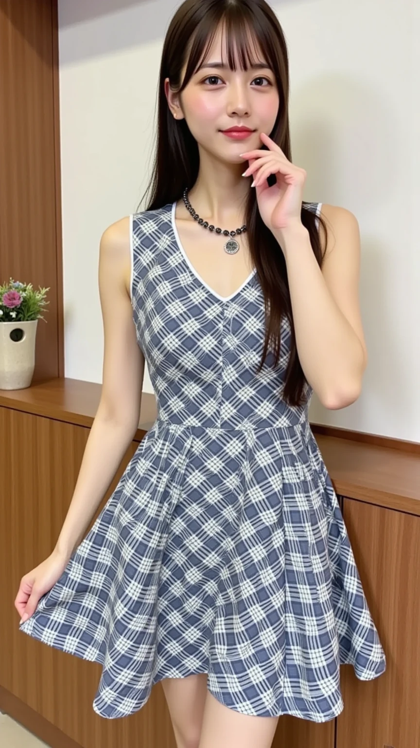 （8K、Raw photography、highest quality、masterpiece：1.2),(black haired、very short hair:1.8),(twin mitsu braid:1.4)、show viewer,Looking at the front,erotic,白いskin,(She is wearing a pink and light blue plaid dress. 。.:1.7)、(pink fishnet stockings:1.3)、(Clothing that emphasizes the shape of your chest、publish one&#39;skin:1.8)、(big breasts :1.4)、slim body shape、ultra high resolution,beautiful,beautiful fece,(alone、no background:1.9),whole bodyボディー,japanese woman,（Photoreal：1.37）、photon mapping,reality、(Baby-faced and cute: 1.1)、(cute smile: 1.7)、(With a round face: 1.7)、radio city、Physically based rendering、depth of field rally background、photograph, (I can see your knees、spread your legs wide、close up of thighs:1.6),whole body、super fine