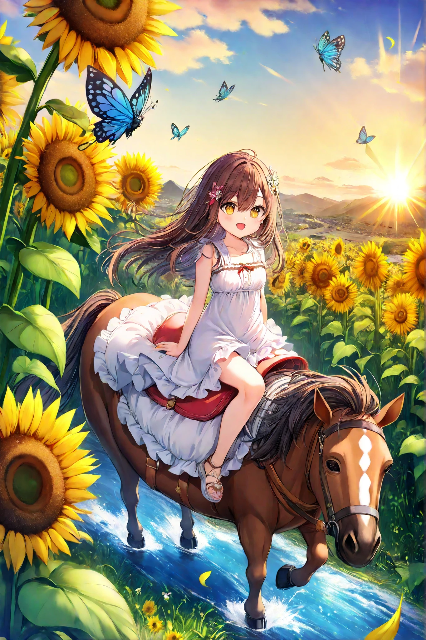 girl, beautiful dress, Big Buffalo, Horseback Rides Buival, across the beautiful Sunflower Field, beautiful butterflies fly out of the sunflowers, and in front you can see a huge river coming from the slope of a small village, rich colors, delight, cute,  Sunny, warm rays of the sun gleam, clouds fluffy across the sky, 