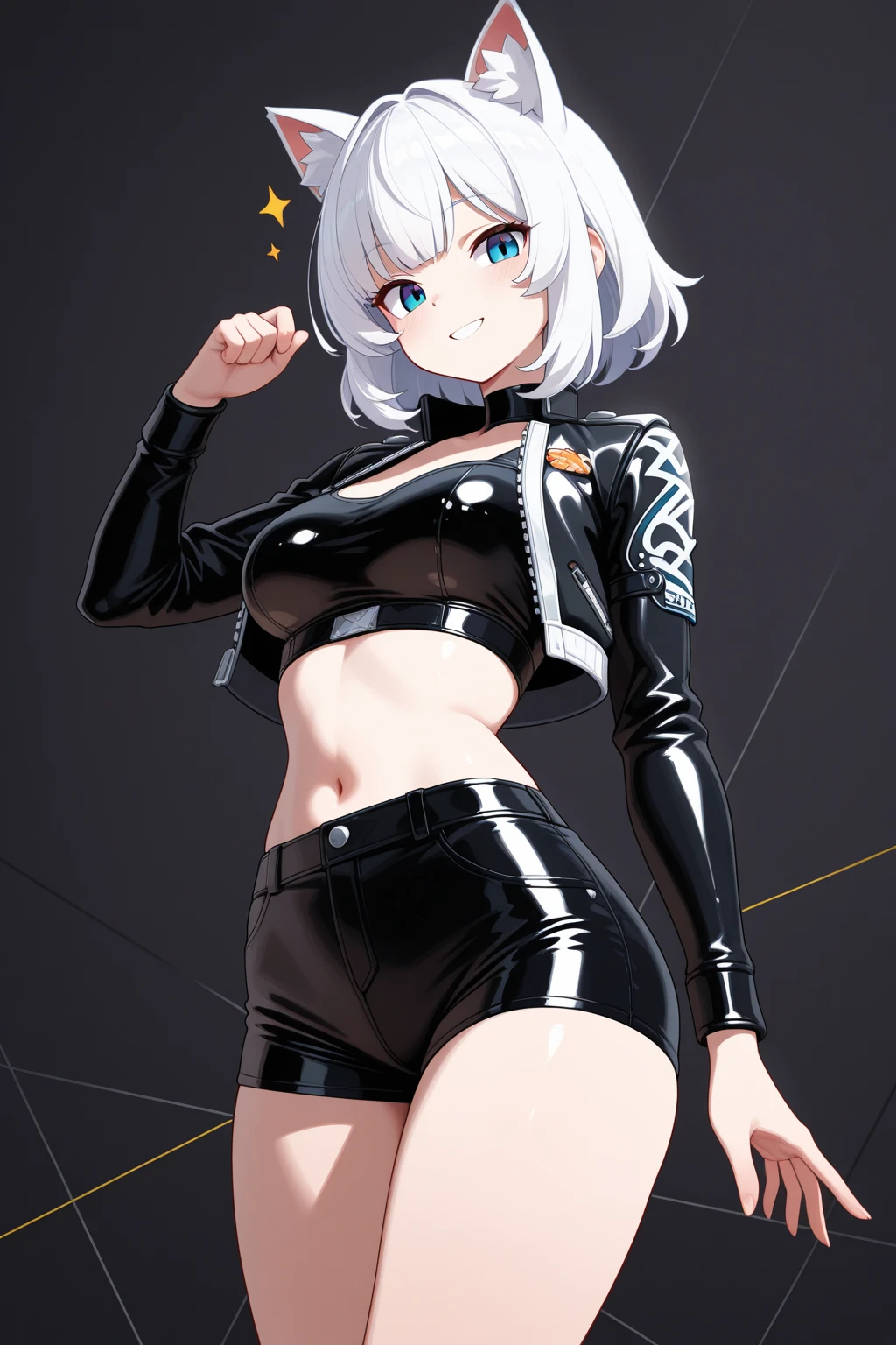 ((tmasterpiece)), ((high qulity, best qualtiy)), ((best detail)), (4K),((Closer attention to detail)),A girl with short white wavy hair,Wear black latex leggings and black high heels,There is a stylish white short coat on the upper body,Wear black latex gloves,Gray eye,((White skin and beautiful appearance)),((slimfigure)),(plumw),(adolable),(Thrill the audience with a sexy body),((Let men be impulsive when they see it、exhilarated、oestrus、Can't help but get an erection))