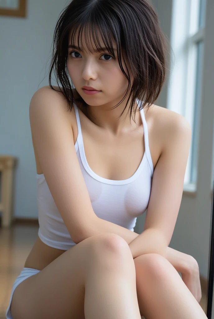 masterpiece、Underwear with extremely small area、16 year old high school girl、(ponytail)、(((quite small head:1.4)))、Open your legs and show your crotch、get down on one knee、on the bed、(black hair)、(Live shooting:1.2)、(photorealistic:1.4)、A sluggish smile、cute、embarrassing、show the whole body、back view、look back、lace white underwear、(((The wet genitals are clearly visible)))、(((It's wet and my nipples are visible)))、textured skin、anatomically correct、SFW、highly detailed eyes and face、pretty fingers、(Enhances the beauty of skin texture:1.1)、High resolution、8K wallpaper、movie lighting