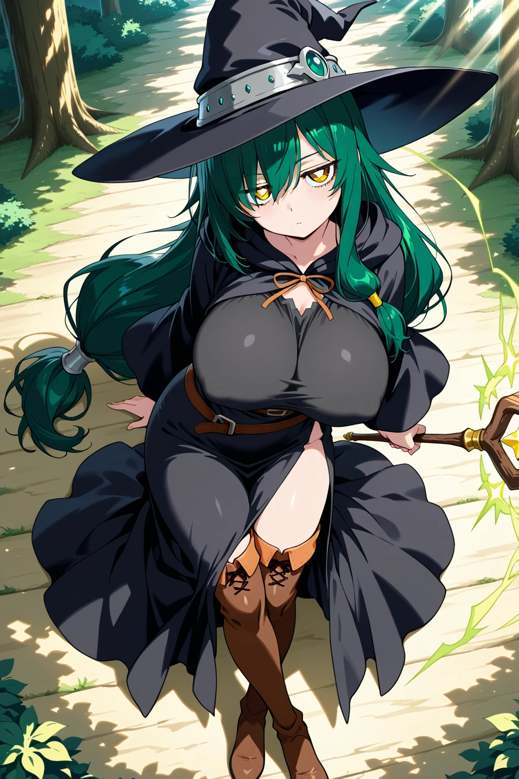 score_9, cow girl, cow ears, cow bell, cow legs, huge breasts, 2.5D anime style, massive witch hat, glowing brim, glowing magic runes, fairytaleai, spell ritual, evil grin, dark and stormy night, outdoors, full body shot <lora:milky-ir-richy-v1_pdxl:0.7> <lora:add-detail-xl:1> <lora:MagicAI:0.7>