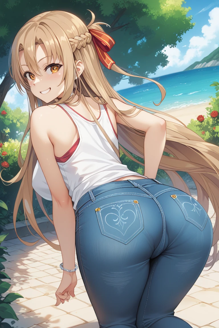 score_9, score_8_up, score_7_up, rating_explicit, 1girl, solo, MahiruShiina, otonari no tenshi-sama ni itsu no mani ka dame ningen ni sarete ita ken, shiina mahiru \(otonari no tenshi-sama\), yellow eyes, blonde hair, long hair, straight hair, medium breasts, camisole, pink camisole, crop top, shorts, denim shorts, thighhighs, black thighhighs, skindentation, bare arms, shoulder blades, from behind, cowboy shot, leaning forward, looking at viewer, looking back, ass focus, simple background, white background, blush, smile, :d, open mouth